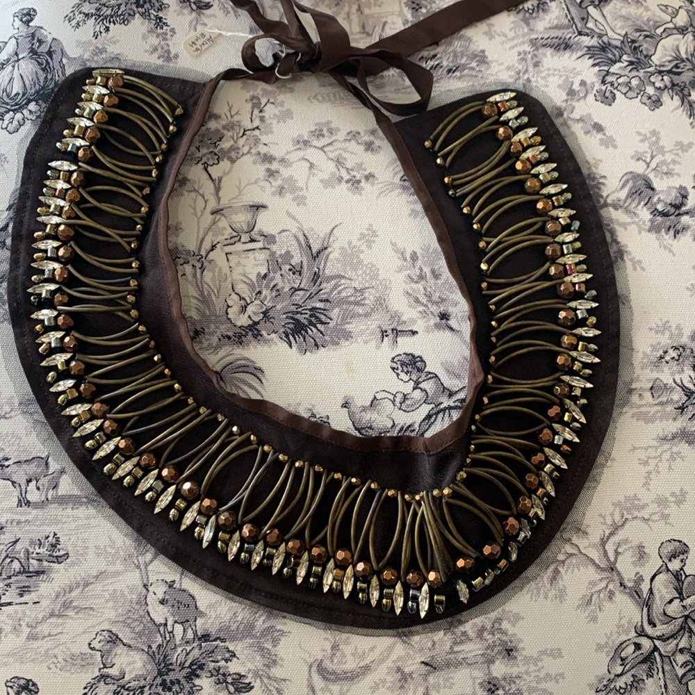 Vintage Statement Bib Necklace Jewel Embellished Felt Ribbon Collar
